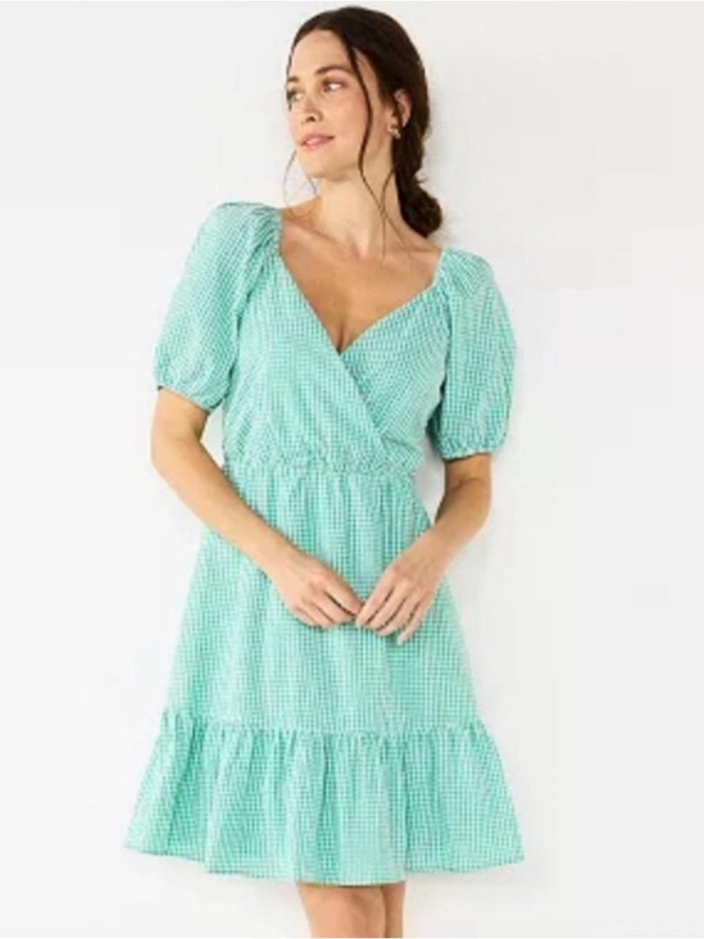 Green Gingham Puff-Sleeve Wrap Dress